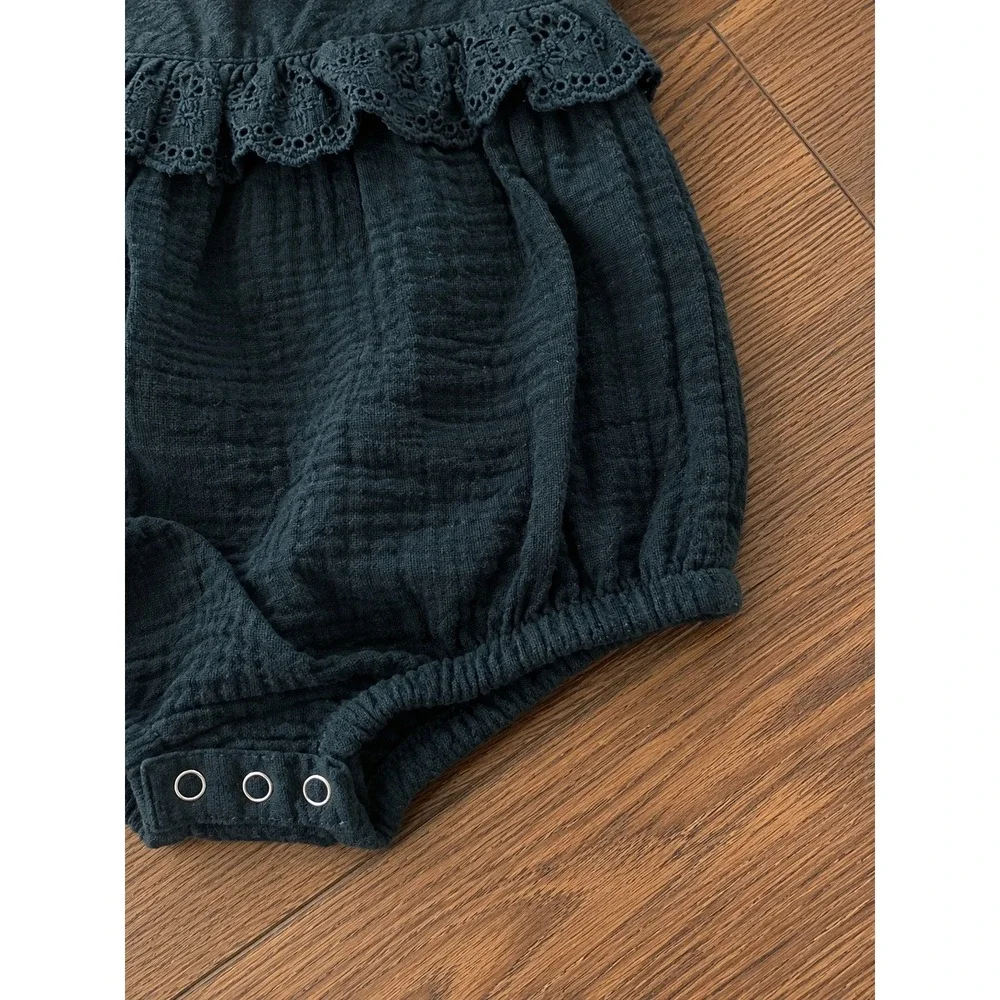 Grayson Mini Newborn Romper Navy Blue Gauze Eyelet Lace Long Sleeve Bodysuit NB